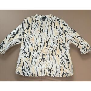 Carole Little Vintage Plus Size 2X 100% Linen Button Up Blouse Animal Print Y2K